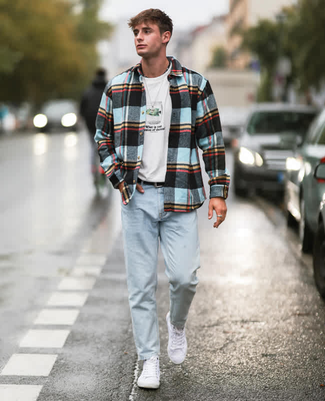 Mann in Flanelljacke mit weißem T-Shirt und Jeans auf regennassen Straße