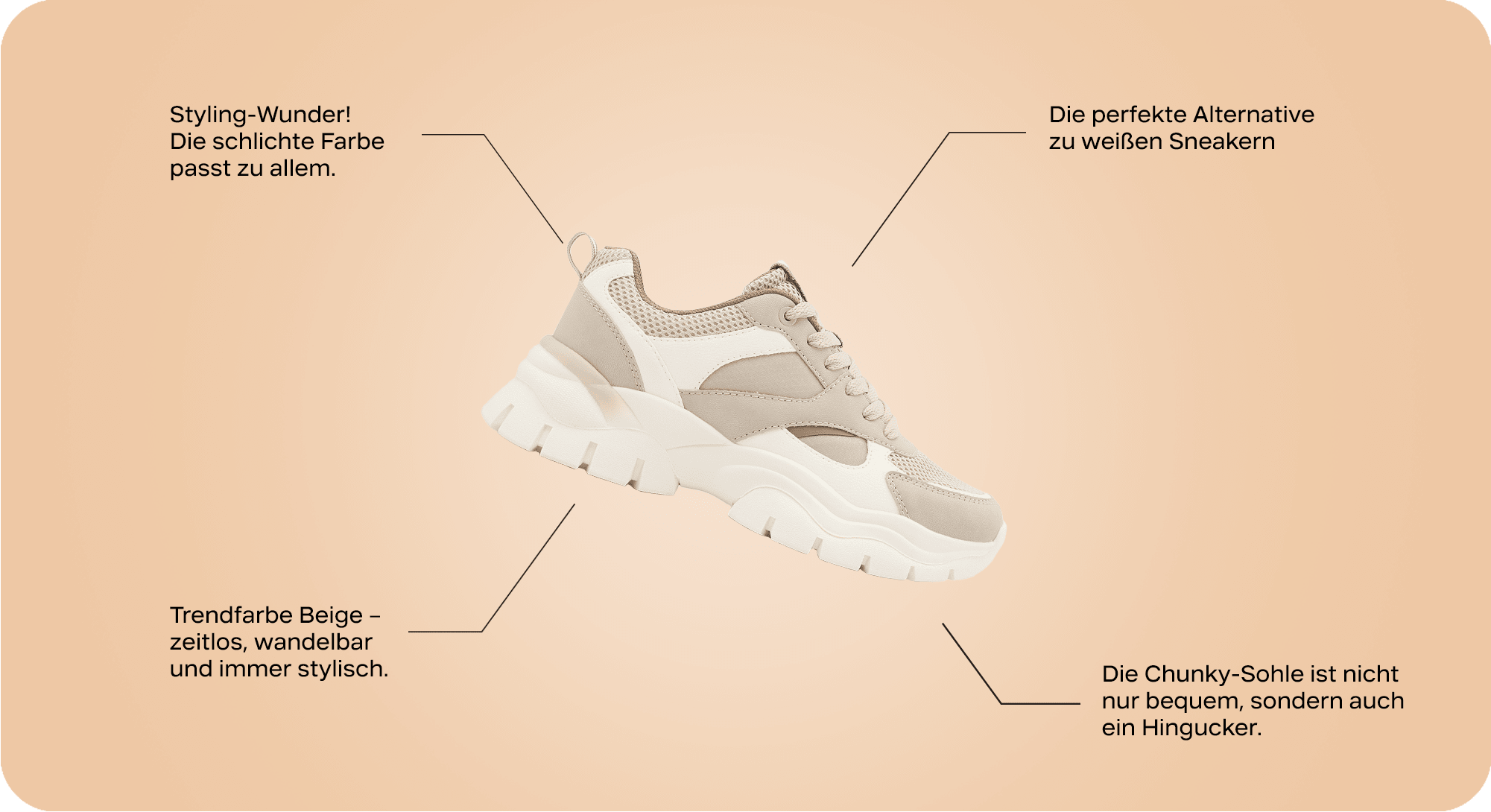 Beiger Sneaker als Freisteller auf hellem Hintergrund, Texthinweise zu dem Sneaker