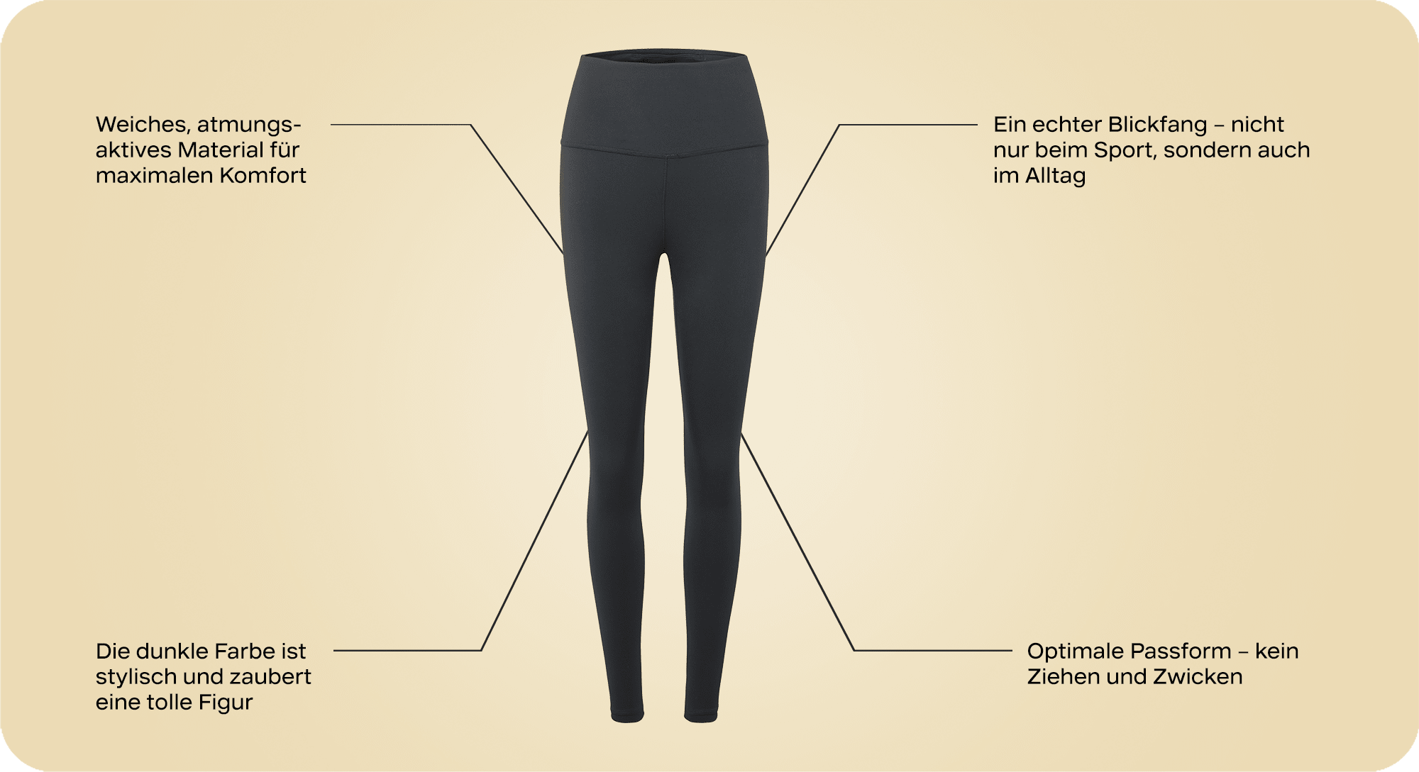 Schwarze Leggings als Freisteller auf gelbem Hintergrund, mit Texthinweisen zur Pants