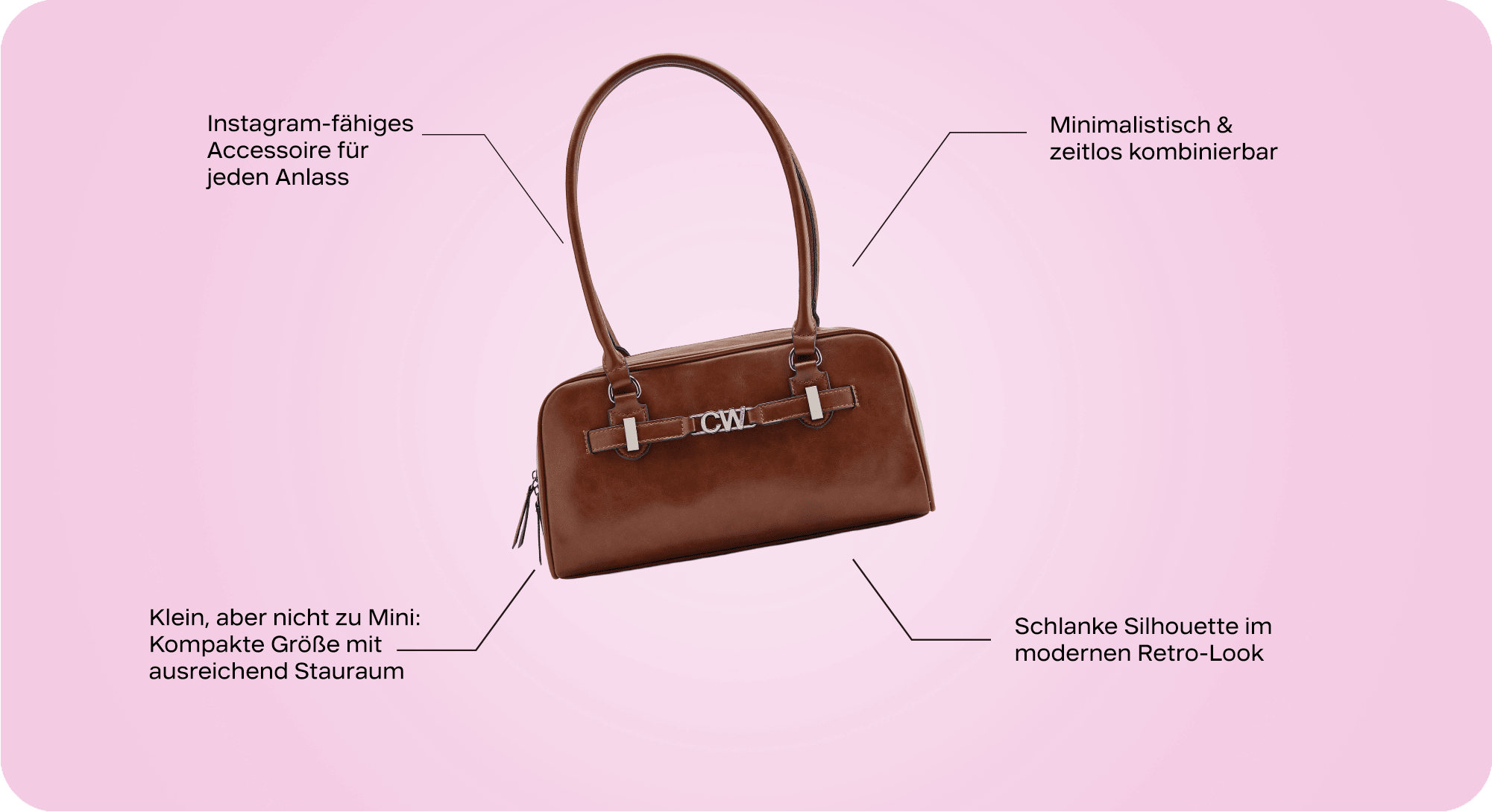 Braune East West Bag der Marke Catwalk als Freisteller, Texthinweise zu der Tasche