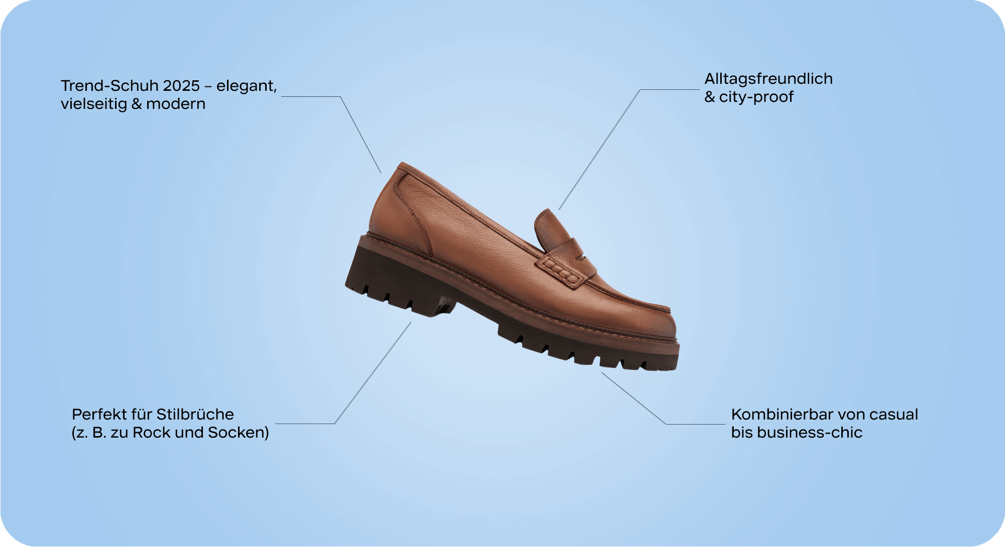 Brauner Loafer als Freisteller auf blauem Hintergrund, umgeben von Schrift