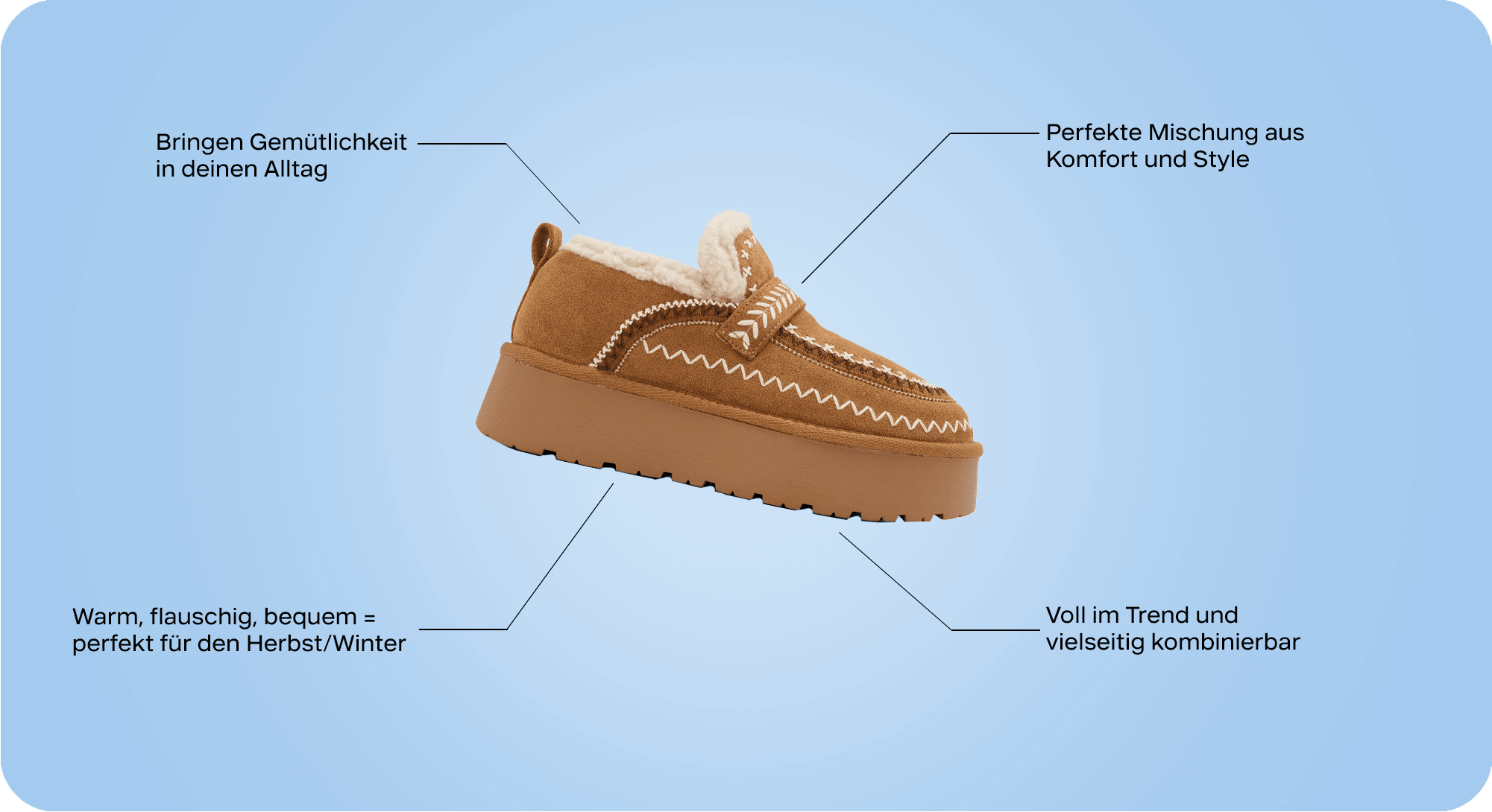 Fluffy Slipper in Braun auf blauem Hintergrund, mit Textnotizen drumherum