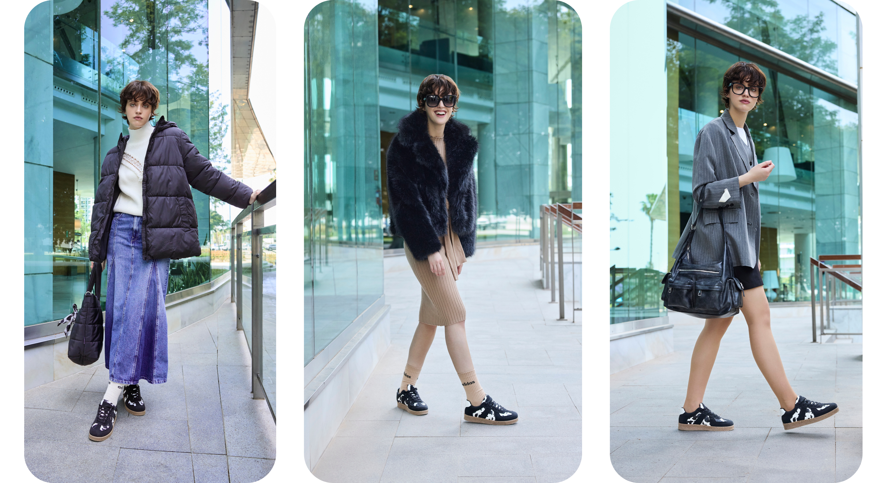 Frau in mehreren Outfits, trägt dazu Cow Print-Sneaker