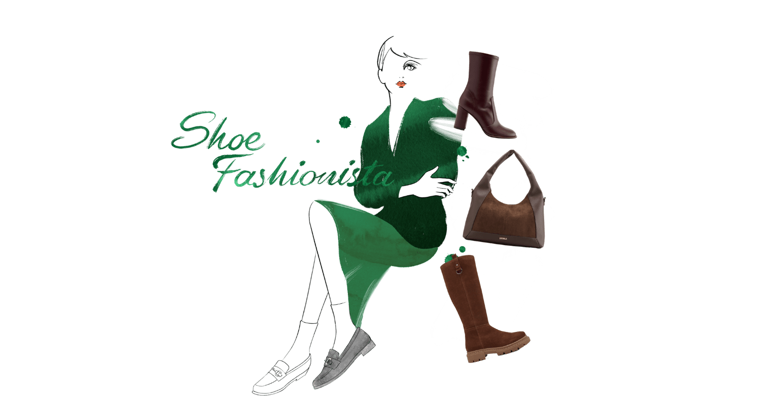 Abstrakte Illustration einer Frau in grünem Kleid, im Stil eines Aquarells, mit brauner Handtasche und Stiefeln