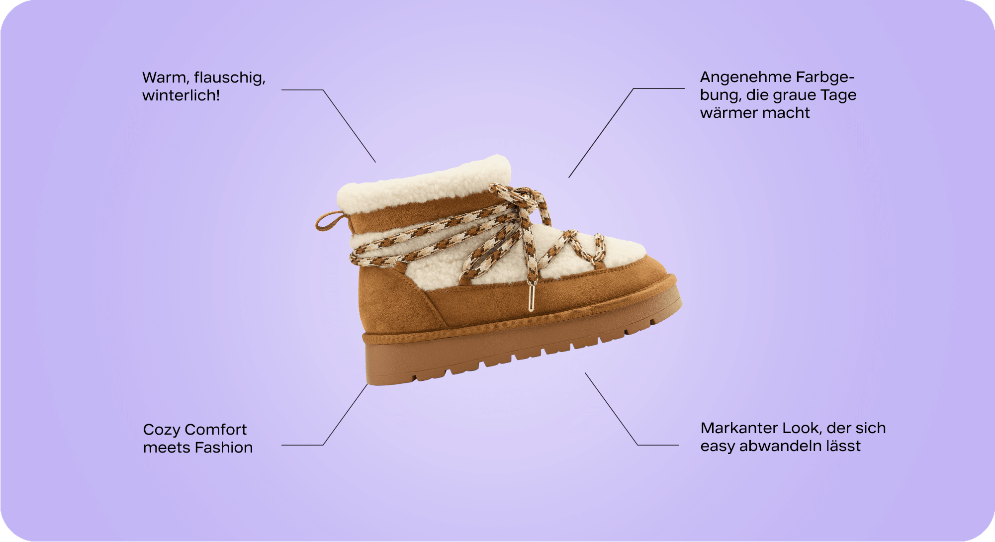 Braun-weißer Cozy Boot mit Flausch, umgeben von Schriftzügen