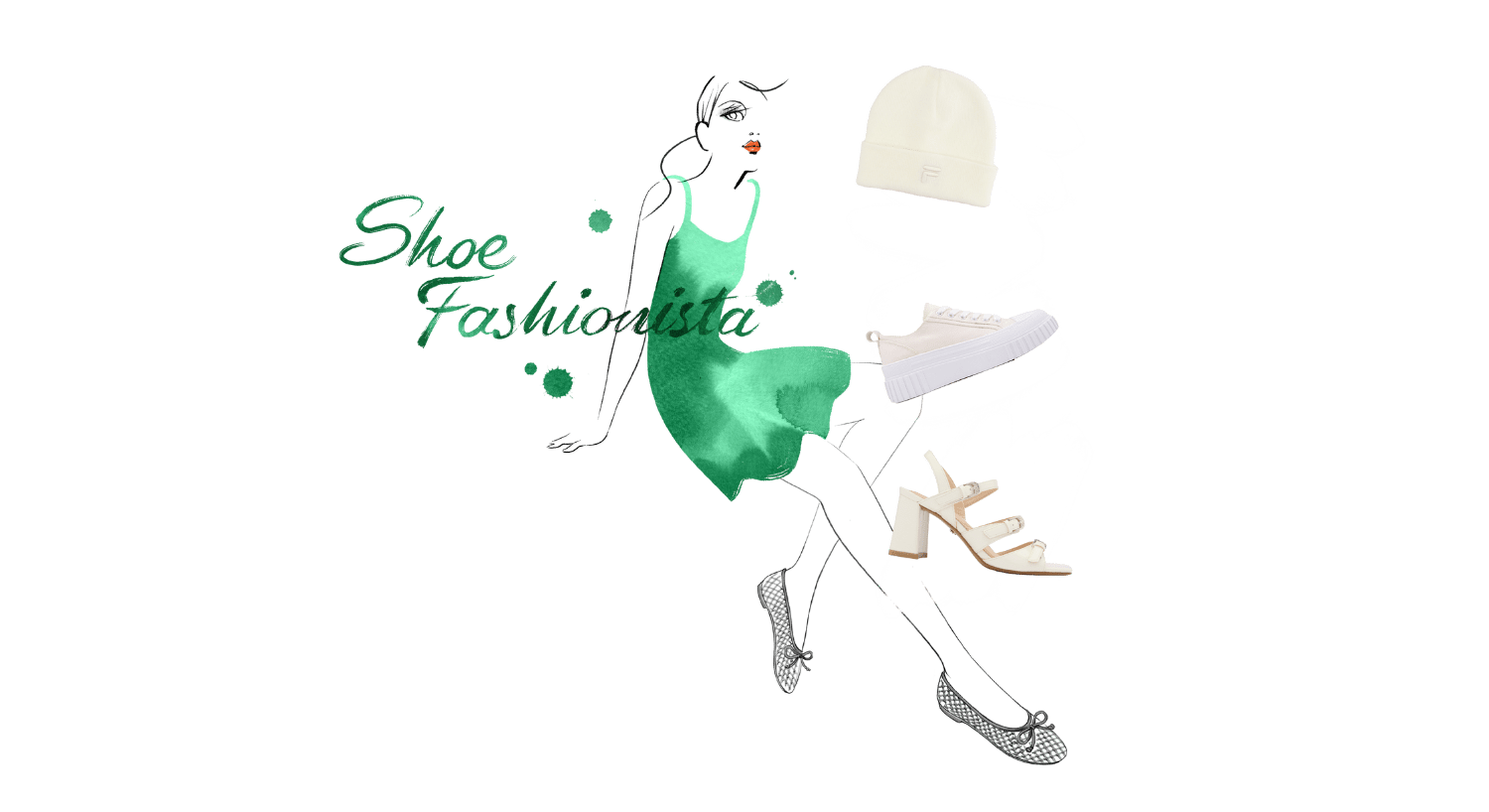 Aquarell-Illustration einer Frau mit grünem Kleid, daneben drei Freisteller von Schuhen und Mützen