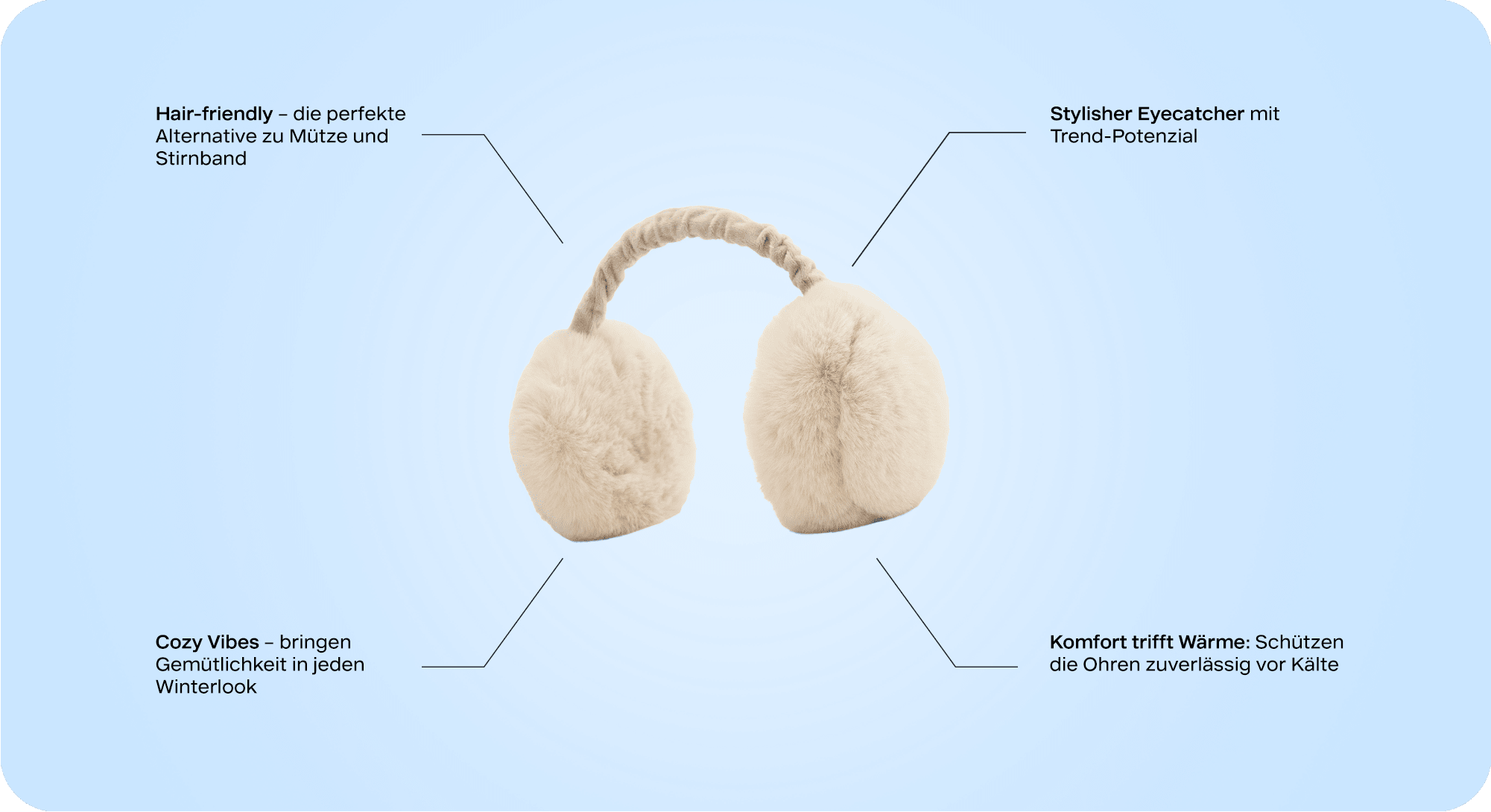 Flauschige Ohrenwärmer in Weiß, mit schriftlichen Notizen drumherum