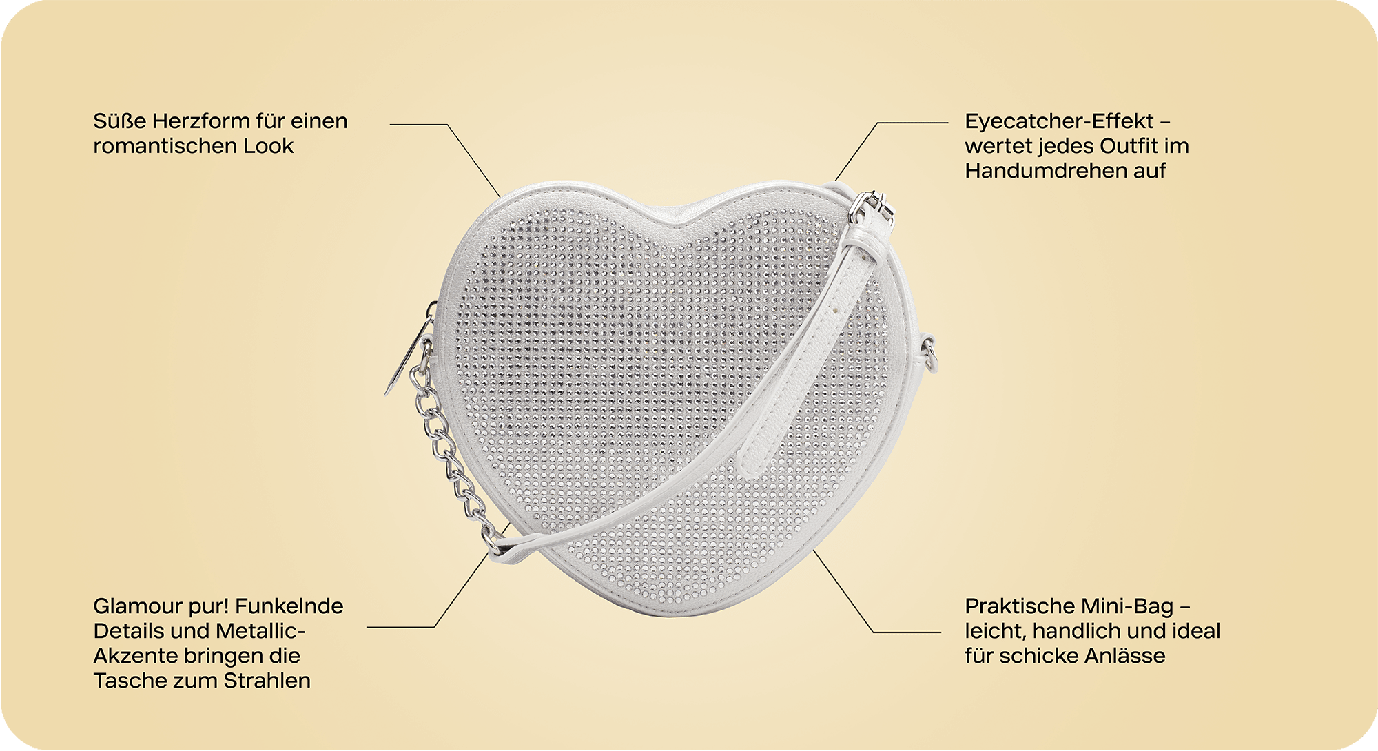 Silberne Handtasche in Herzform als Freisteller auf gelbem Hintergrund, mit Texthinweisen zur Handtasche