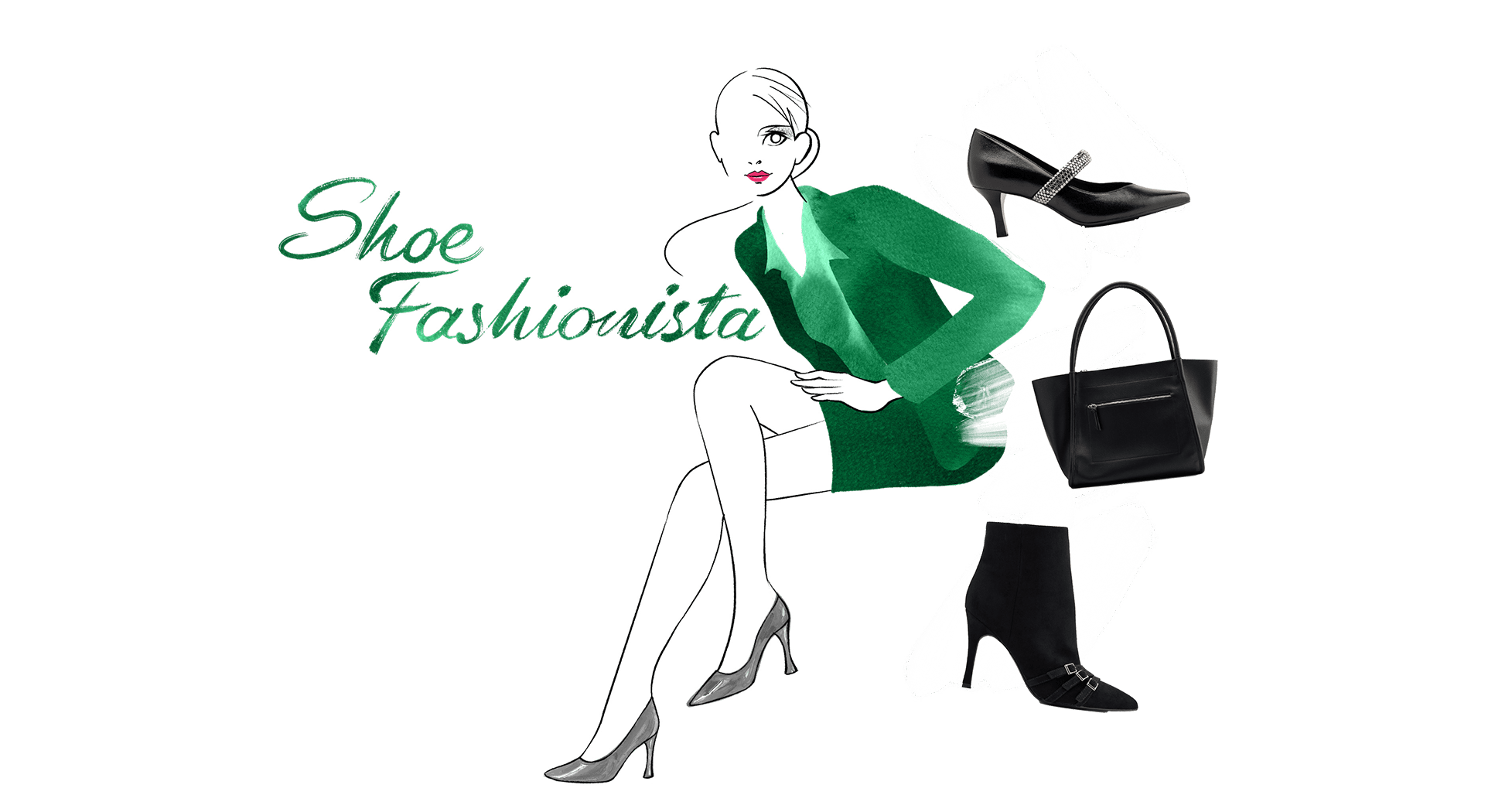 Aquarellartige Illustrator einer Figur im grünen Kleid, mit grauen Schuhen & Accessoires im Bild