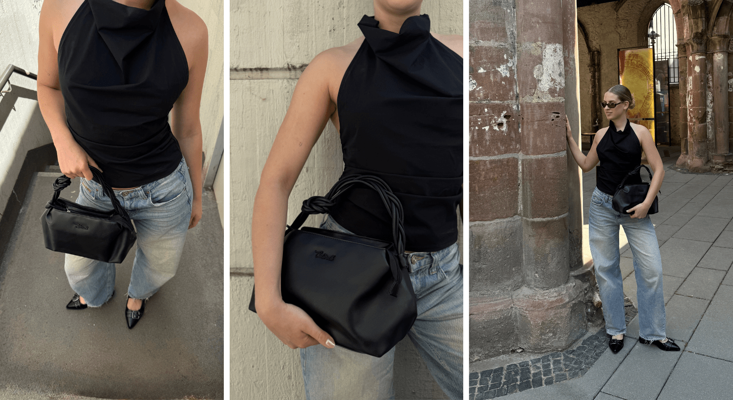 Collage von Frau mit schwarzem Top, Jeans und schwarzer Handtasche