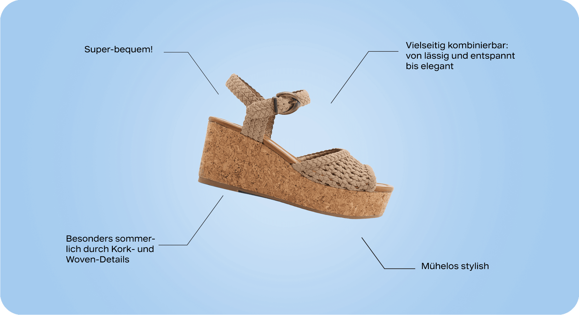 Braune Keilsandalette als Freisteller auf blauem Hintergrund, Texthinweise zu dem Schuh