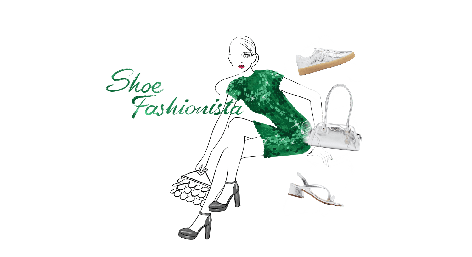 Aquarellartige Illustration einer Figur in grünem Kleid - dekorative Mirror Pieces drumherum