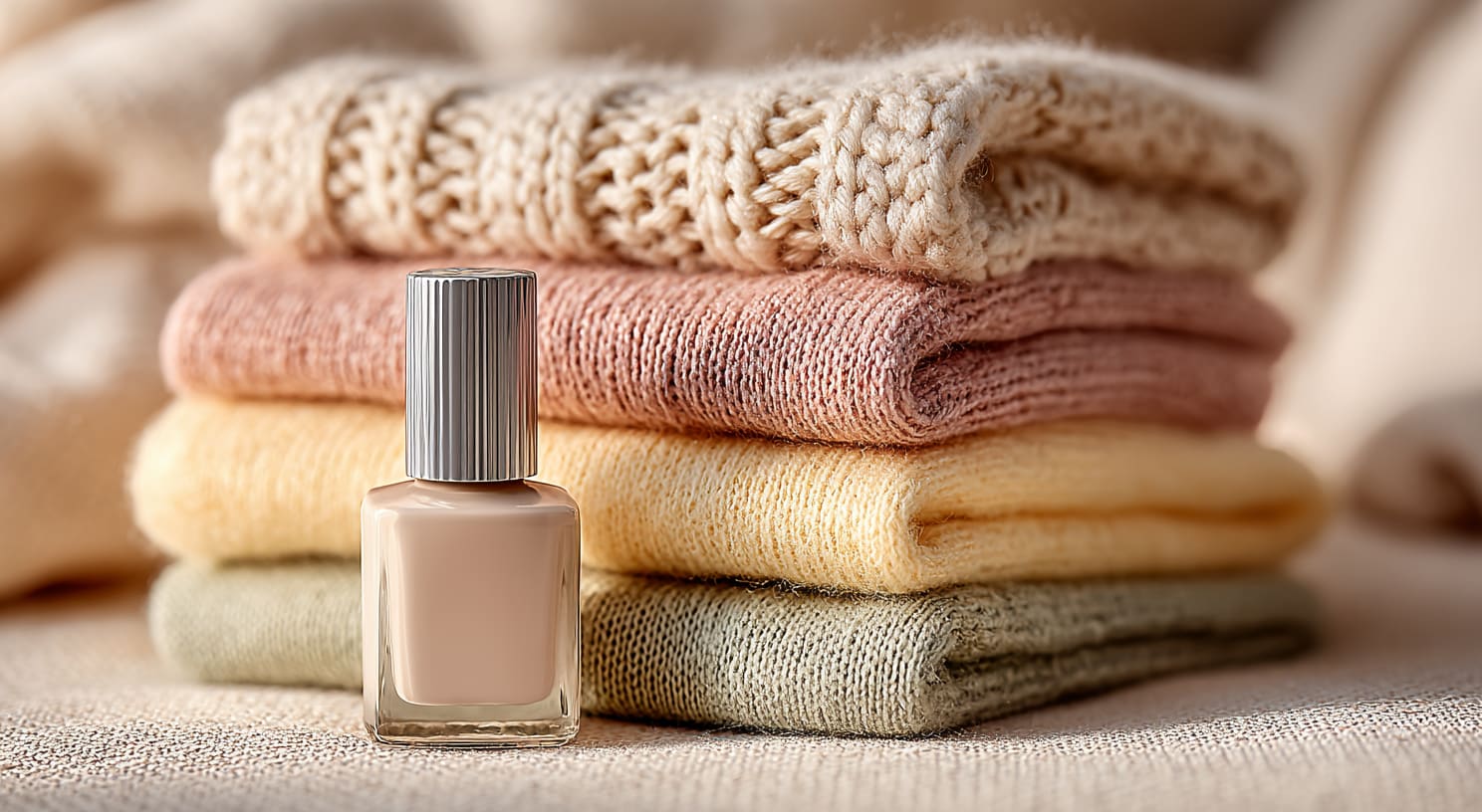 Flasche pinker Nagellack neben mehreren Kleidungsstücken