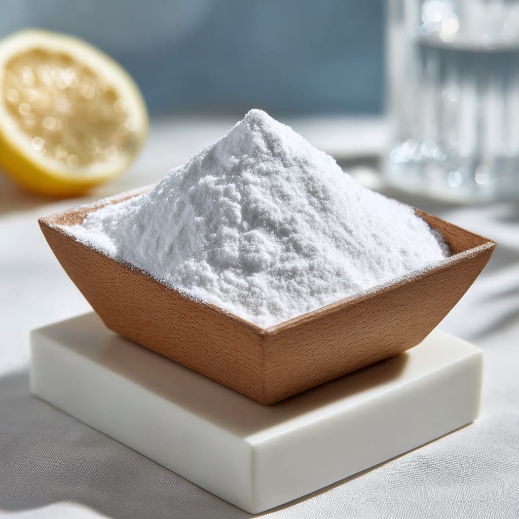 Eine Dosis Waschpulver in einer hölzernen Schale als Hausmittel