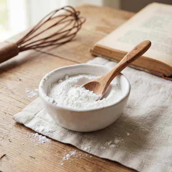 Weiße Porzellan-Schüssel mit Backpulver, in der ein Holzlöffel ruht