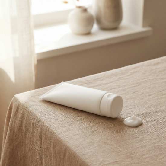 Weiße Flasche mit Bodylotion liegt auf Tisch