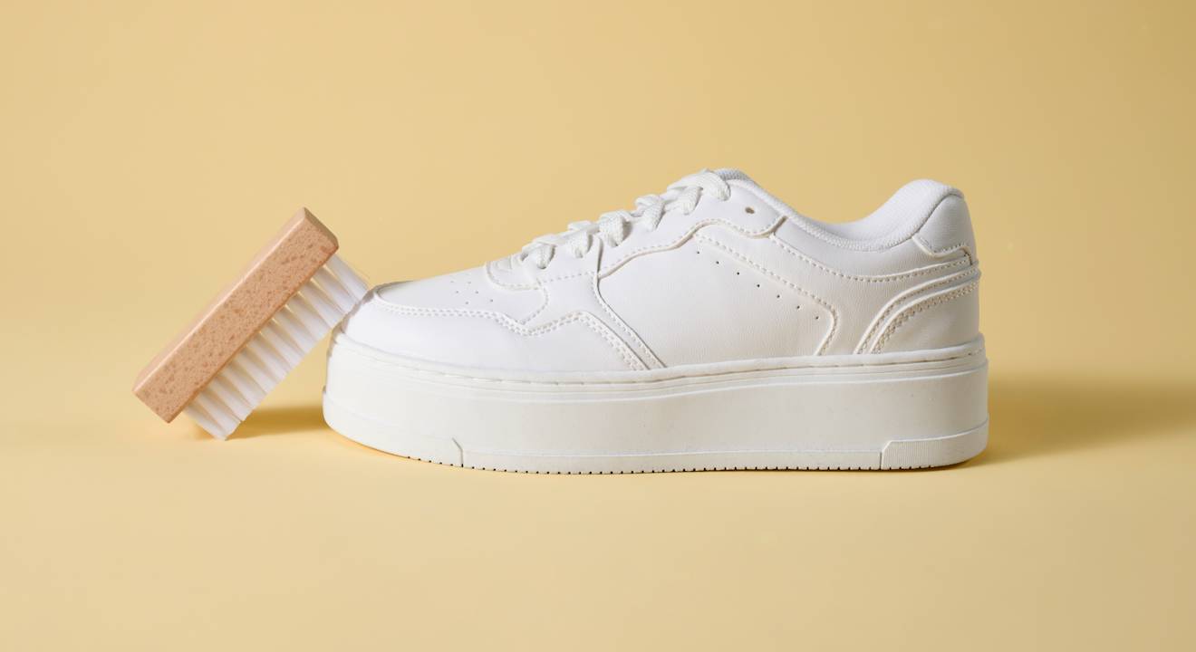 Kleine braune Schuhbürste lehnt an weißem Sneaker