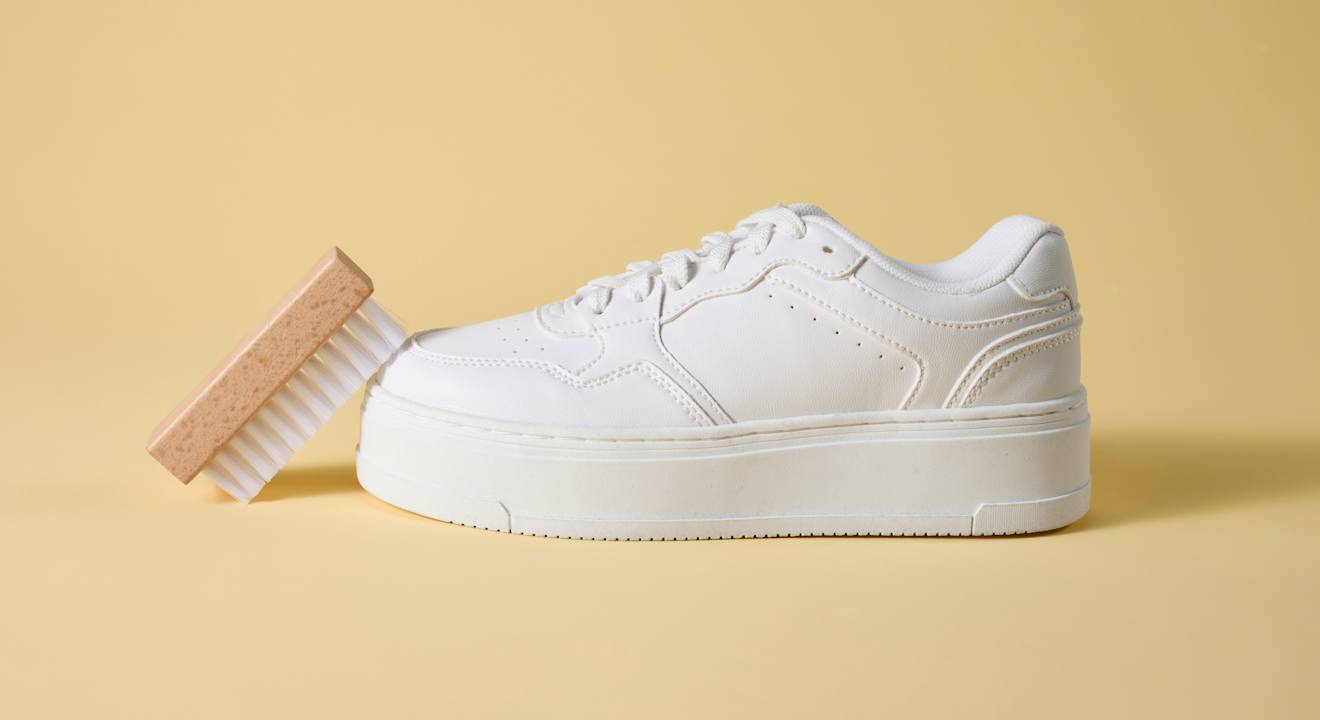 Kleine braune Schuhbürste lehnt an weißem Sneaker