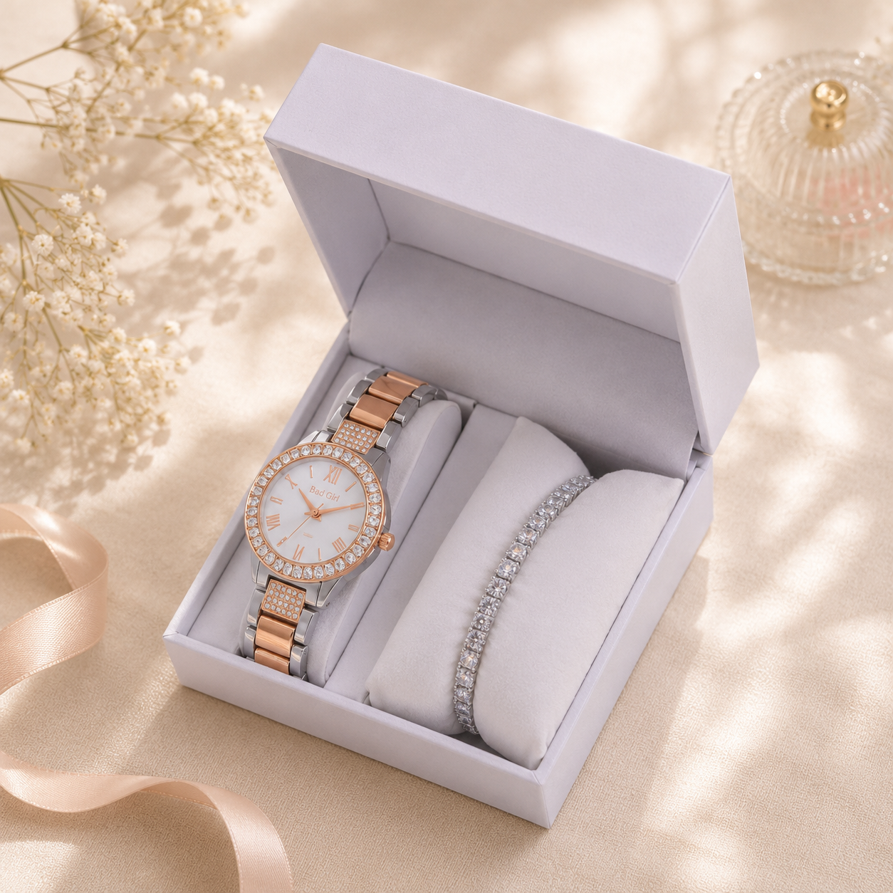 Rose Gold & Silver Watch & Bracelet Set