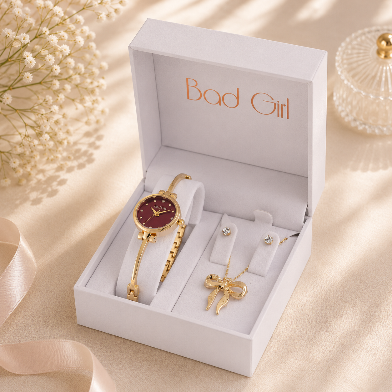 Gold Metal Cuff Watch Set