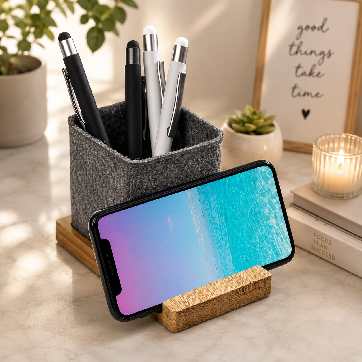 Kyadi Recycled PET & Bamboo Desk Caddy Phone Stand