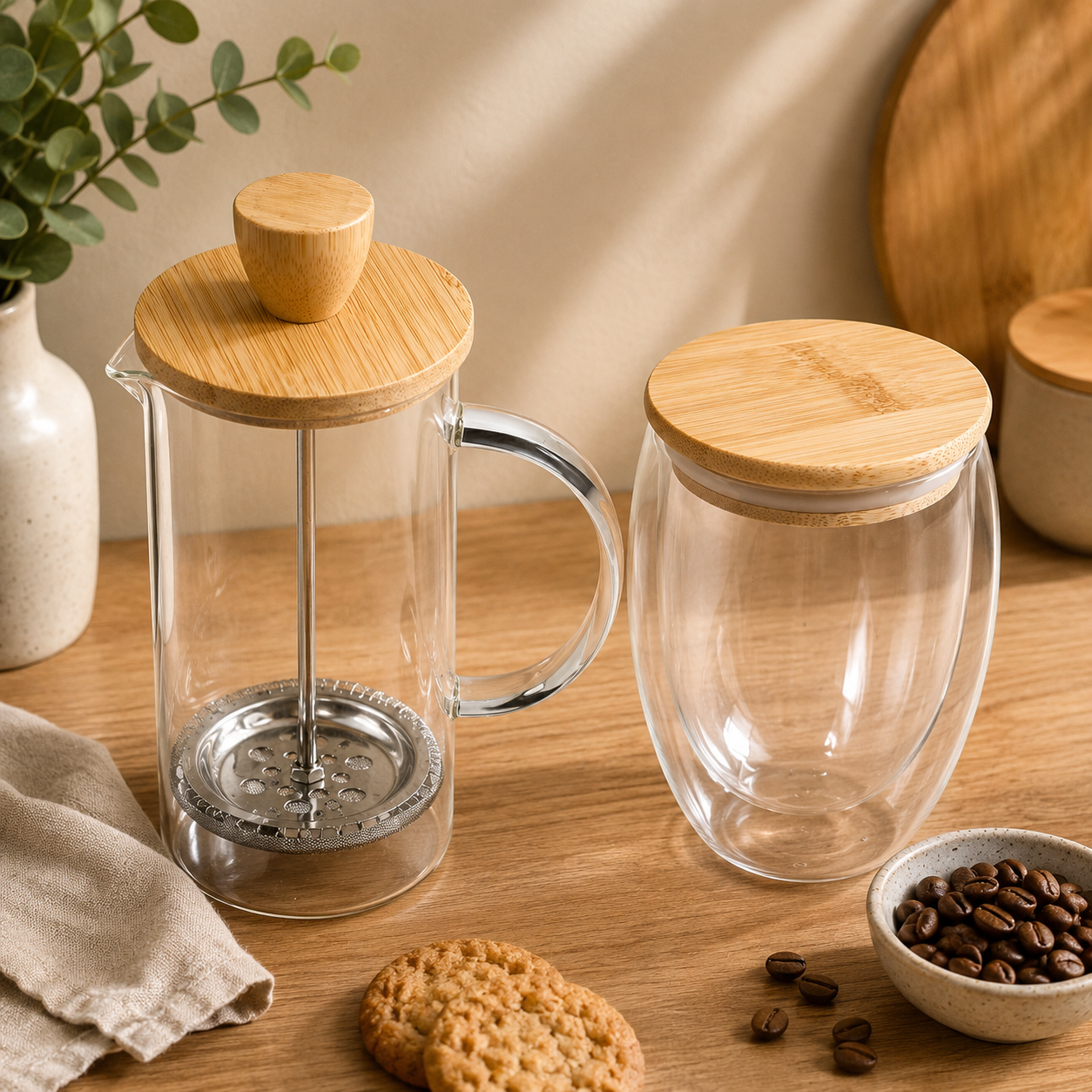 Aibo Glass & Bamboo Coffee Set
