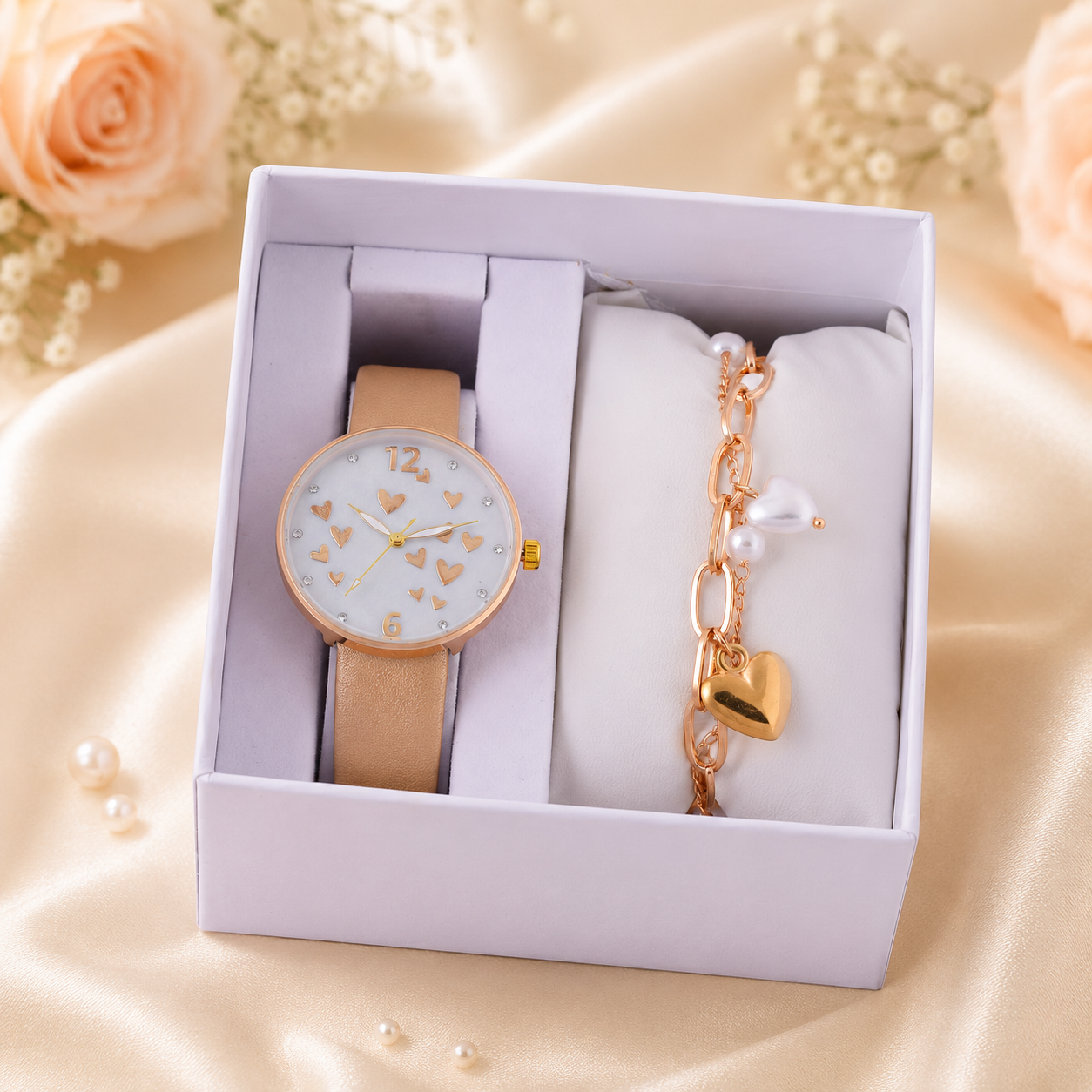 Digitime Emily Watch & Pearl Heart Bracelet Set