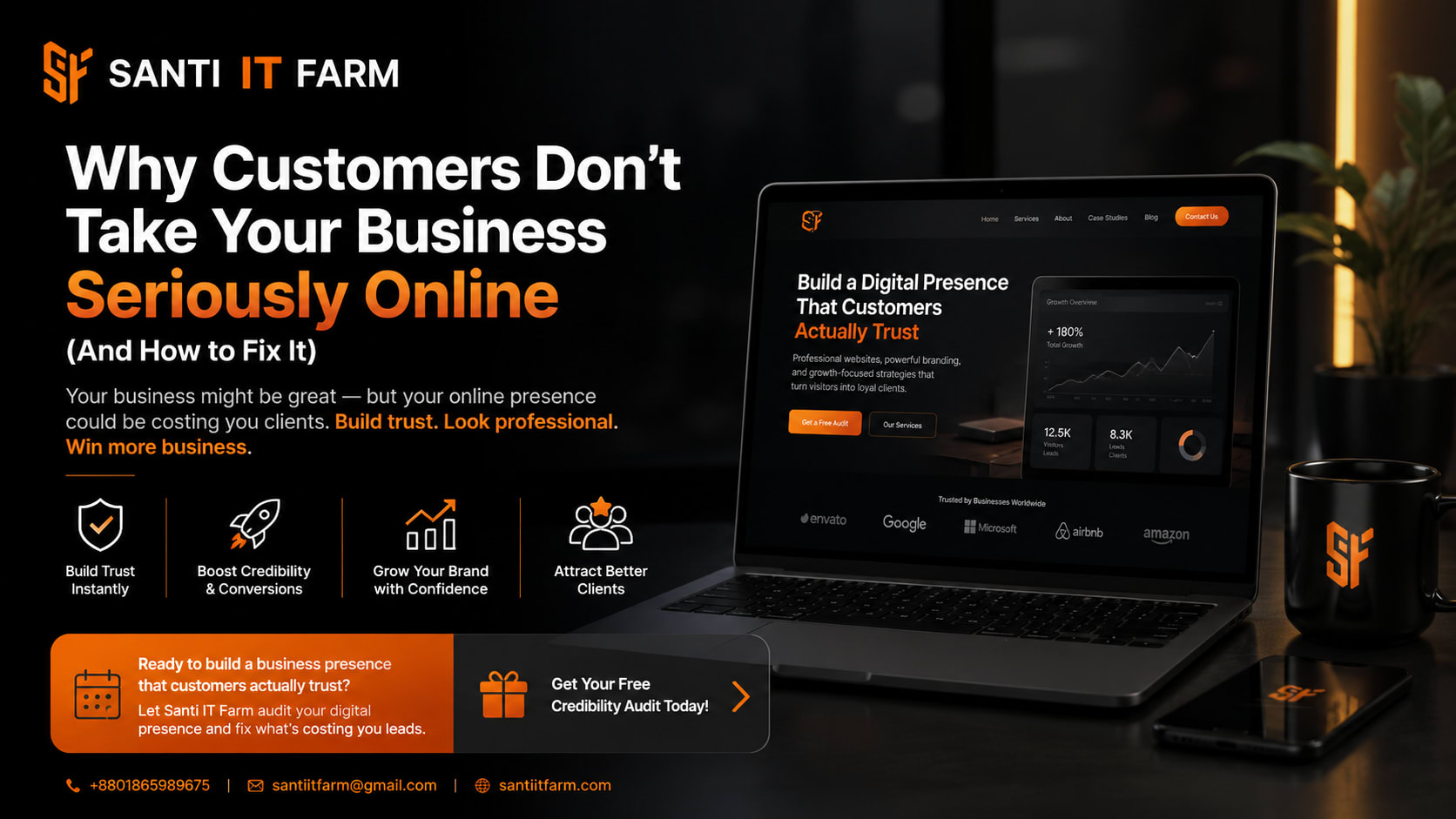 Business owner frustrated looking at unprofessional website that fails to build customer trust