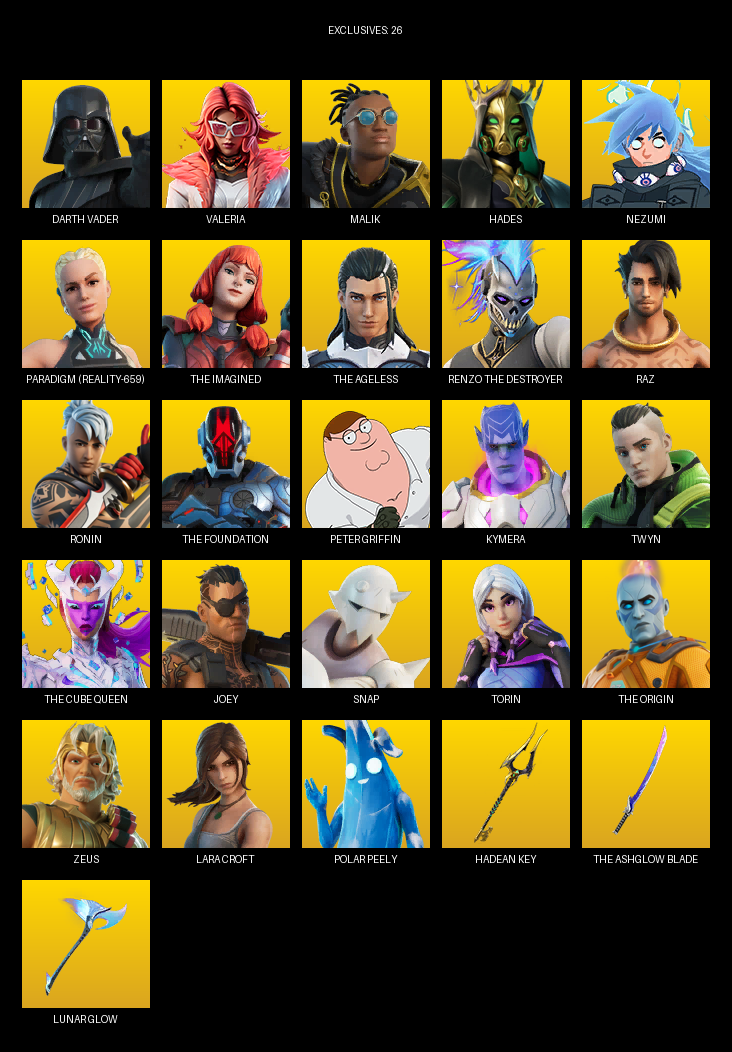 Fortnite Account ( PC ) (Lara Croft, Darth Vader, Valeria, Malik, Hades, Nezumi, Paradigm (Reality-659), The Imagined, Raz, Ronin, Peter Griffin, Kymera, Twyn, Joey, Snap, Torin) (143 Skins)