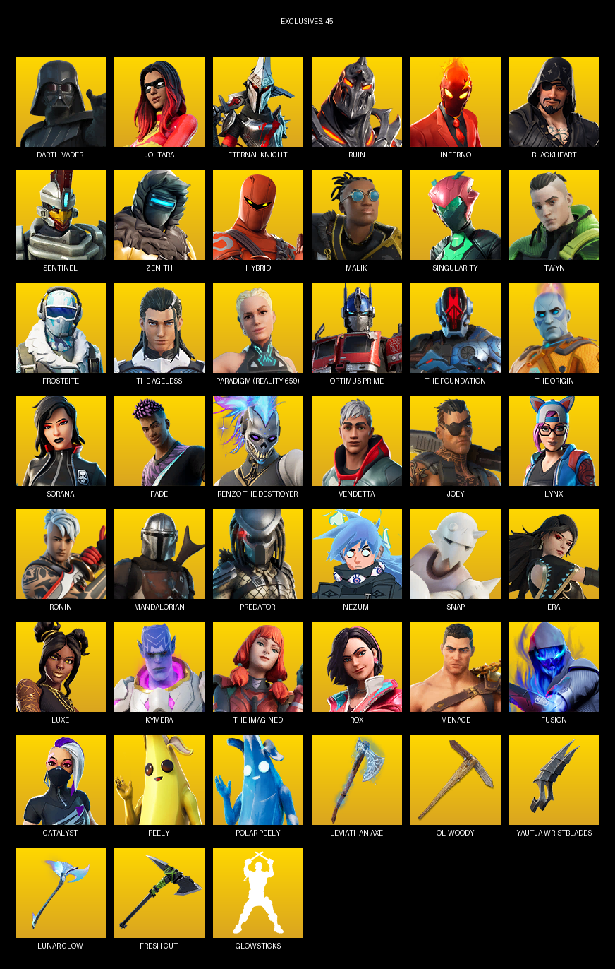 Fortnite Account ( PC ) (Darth Vader, Joltara, Eternal Knight, Ruin, Inferno, Blackheart, Sentinel, Zenith, Hybrid, Malik, Singularity, Twyn, Frostbite, The Ageless, Paradigm (Reality-659), Optimus Prime, Sorana, Fade) (150 Skins)