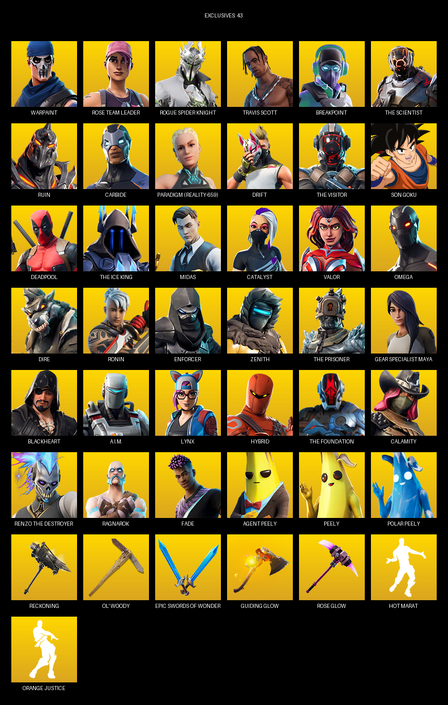 Fortnite Account ( PC ) (Travis Scott, Omega, Gear Specialist Maya, Warpaint, Rose Team Leader, Rogue Spider Knight, Breakpoint, The Scientist, Ruin, Carbide, Paradigm (Reality-659), Drift, Son Goku, Deadpool, Midas, Catalyst, Valor, Dire) (100 Skins)