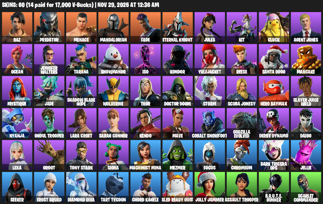 Fortnite Account ( PC ) (Lara Croft, Raz, Predator, Menace, Mandalorian, Fade, Eternal Knight, Jules, Kit, Cluck, Agent Jones, Ocean, Jennifer Walters, Tarana, Snowmando, Iso, Kondor, Yulejacket, Reese, Santa Dogg) (60 Skins)