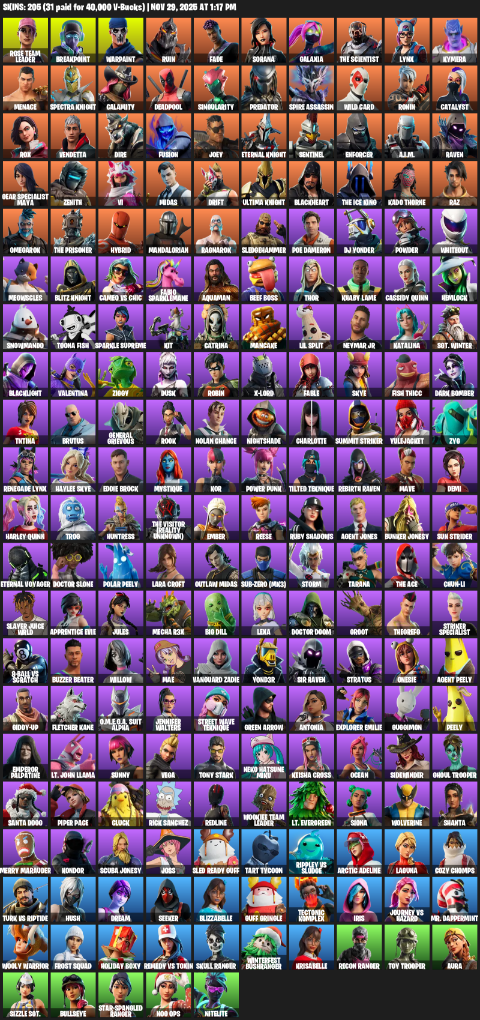 Fortnite Account ( PC ) (Gear Specialist Maya, Lara Croft, Rose Team Leader, Breakpoint, Warpaint, Ruin, Fade, Sorana, Galaxia, The Scientist, Lynx, Kymera, Menace, Spectra Knight, Calamity, Deadpool, Singularity, Predator, Spire Assassin, Wild Card) (205 Skins)