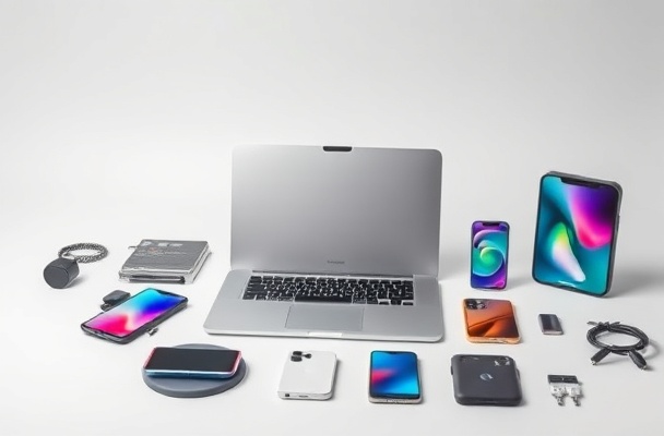 Premium technology products showcase including laptops, smartphones, and accessories on a clean modern background