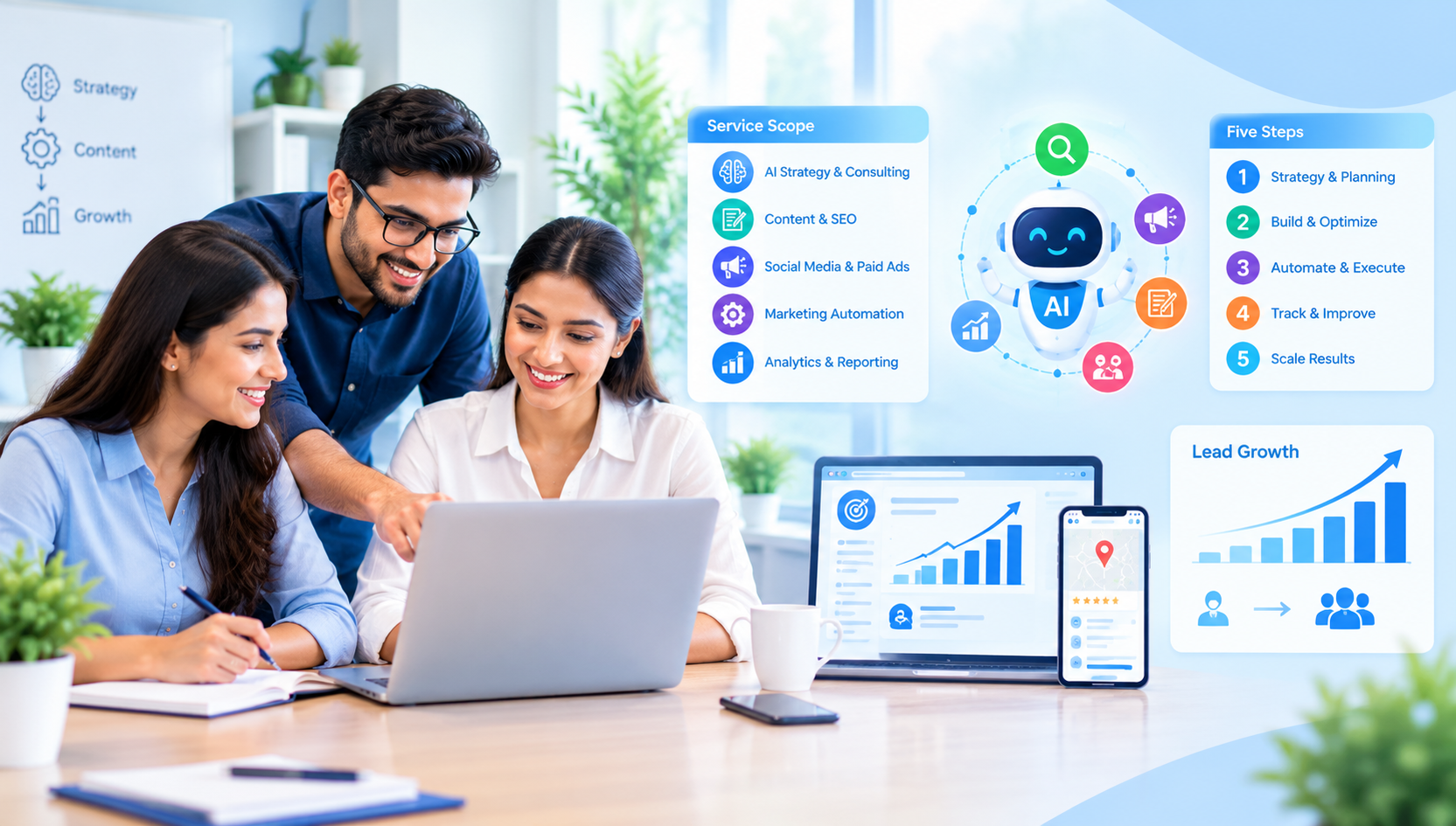 What Does an AI Marketing Agency Actually Do for a Growing Business? Reading the Service Scope, the Five Steps and the Sample Lead Growth