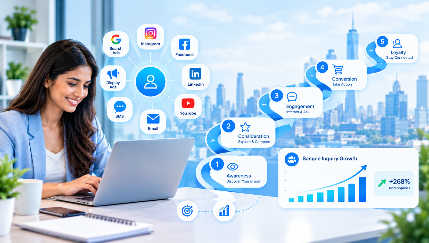 Can AI-Powered Digital Marketing Reach Customers at Every Step of the Journey? Reading the Channel Mix, the Five Steps and the Sample Inquiry Growth