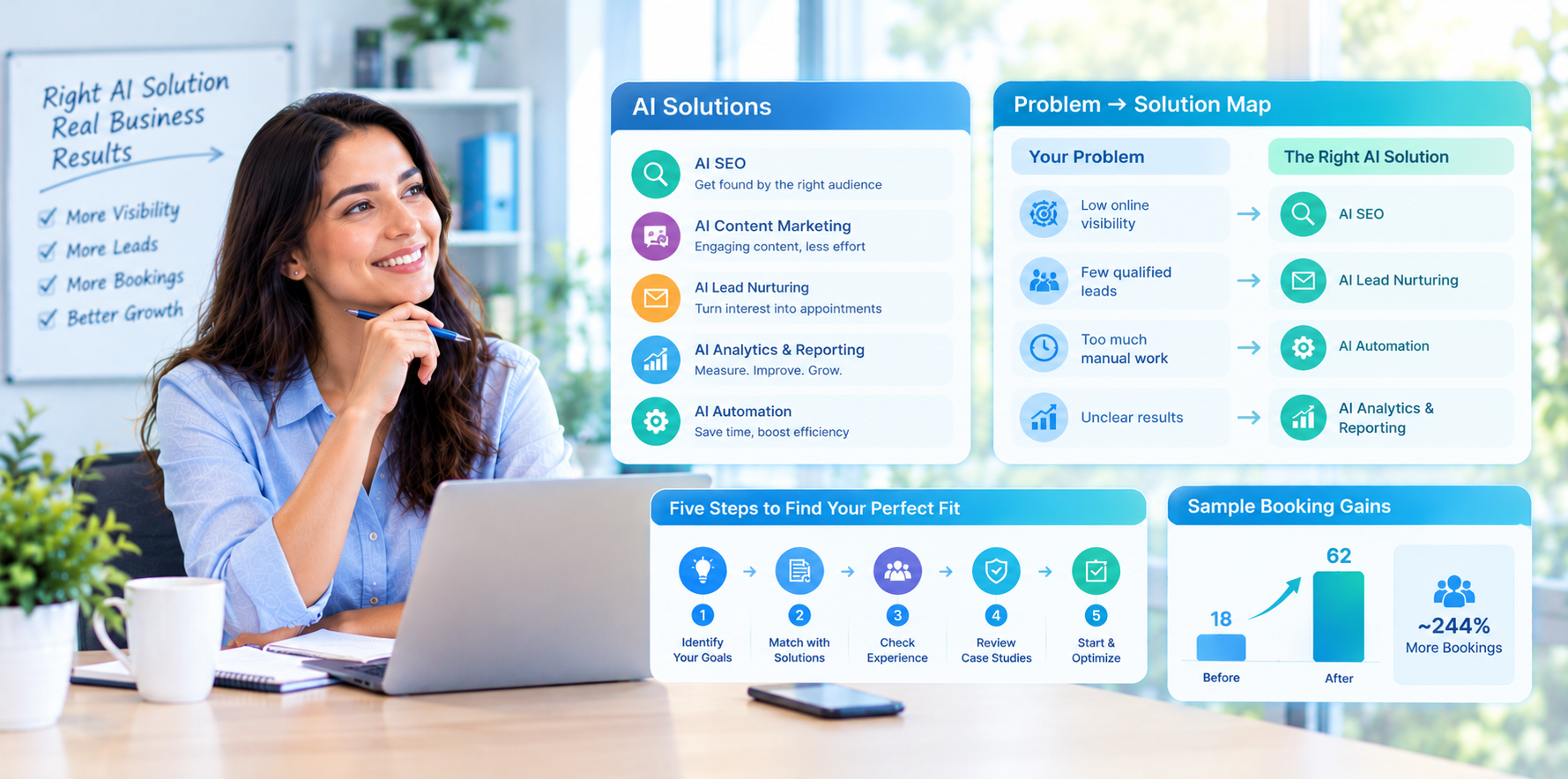 Which AI Marketing Solutions Match the Problem You Actually Have? Reading the Problem-Solution Map, the Five Steps and the Sample Booking Gains