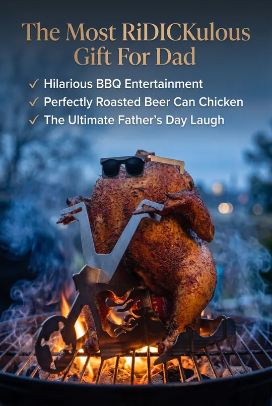 The RiDICKulous beer can chicken stand in action on a flaming grill
