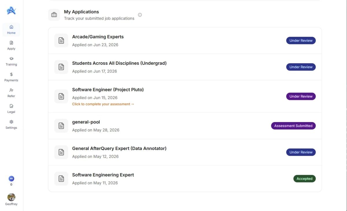 AfterQuery My Applications tracker showing six applications with one accepted and several under review for weeks