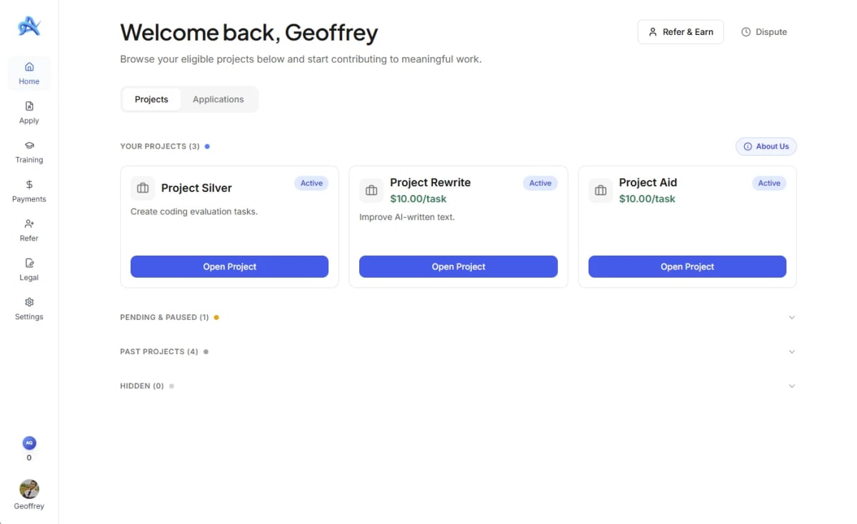AfterQuery expert dashboard showing three active projects including two paying ten dollars per task