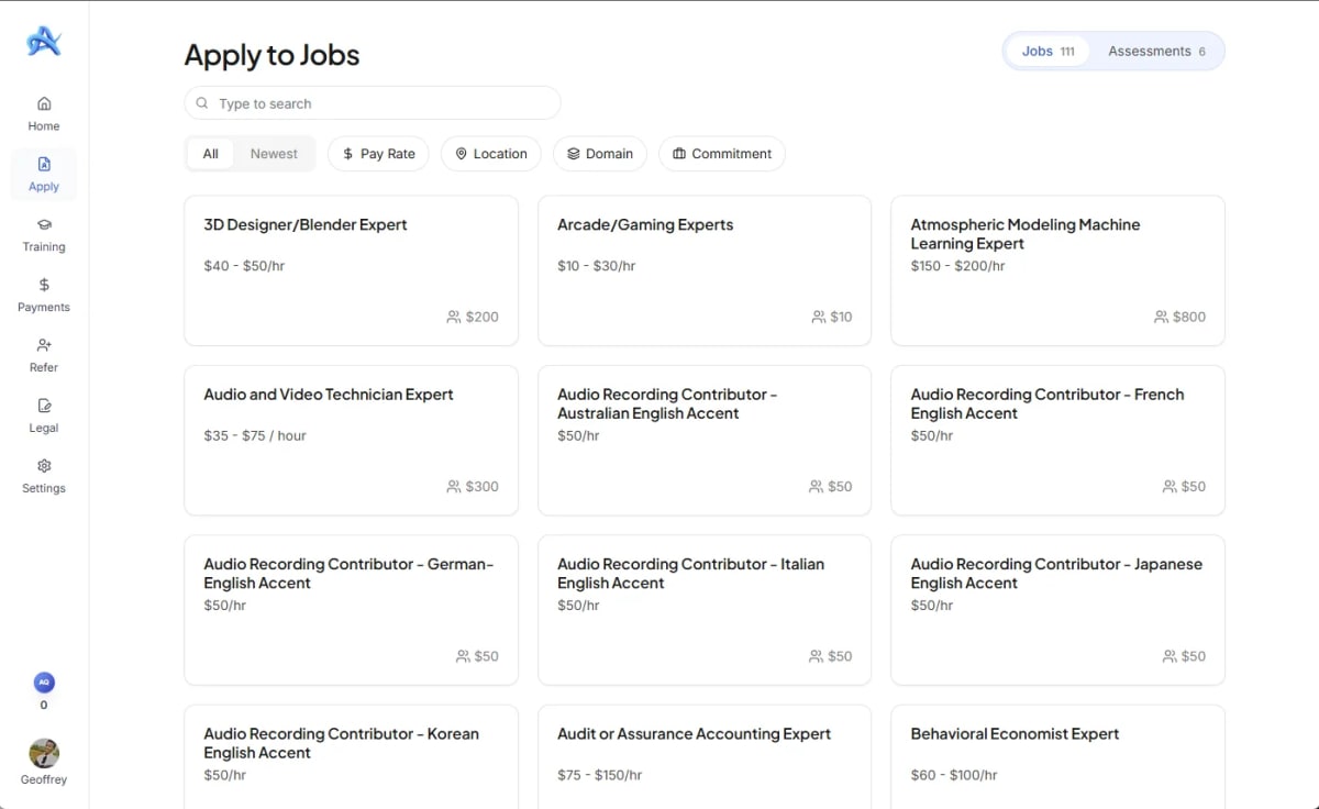 AfterQuery Apply to Jobs board showing 111 open roles with hourly rates from 10 to 200 dollars per hour