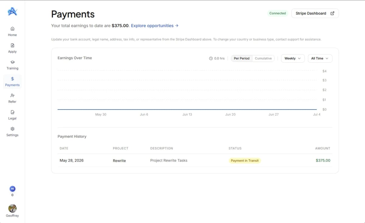 AfterQuery payments page showing Stripe connected and a 375 dollar payment in transit