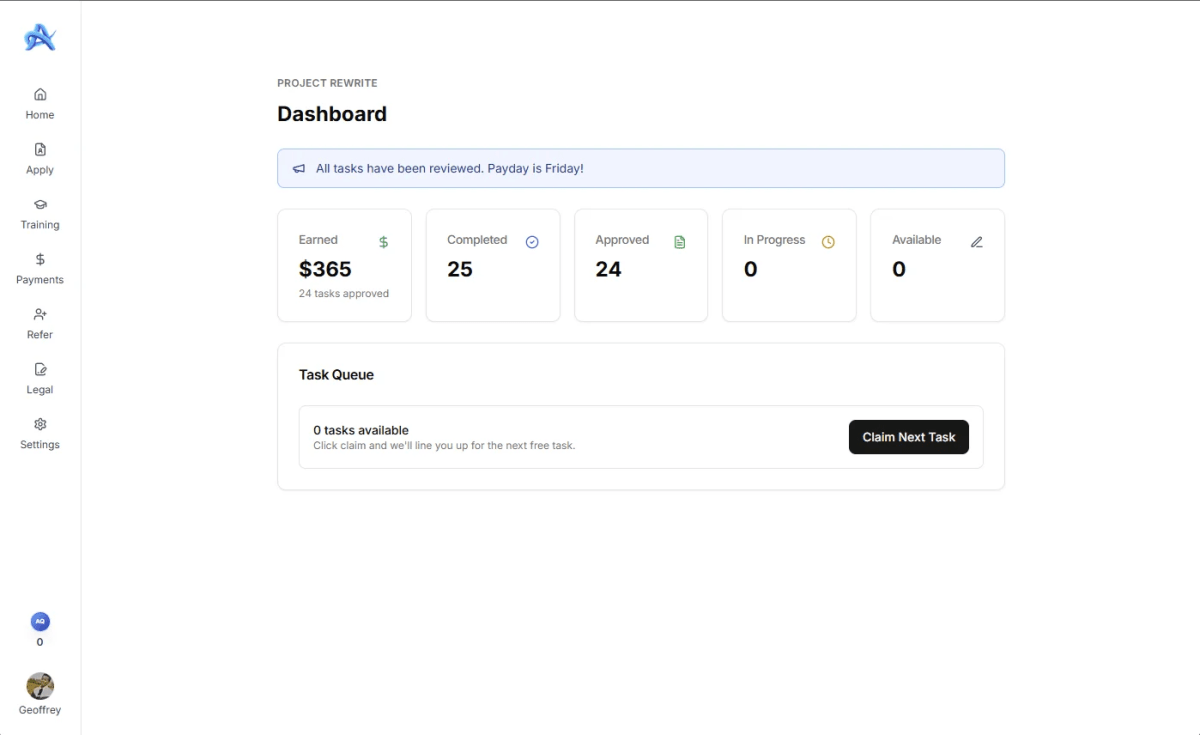 AfterQuery project dashboard showing 365 dollars earned, 24 tasks approved, and a payday is Friday banner