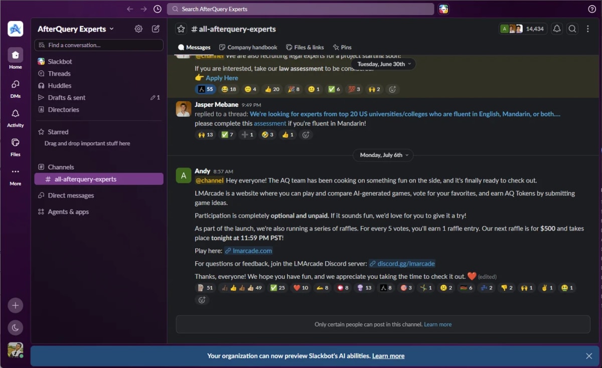 AfterQuery Experts Slack workspace with over fourteen thousand members showing project recruitment announcements
