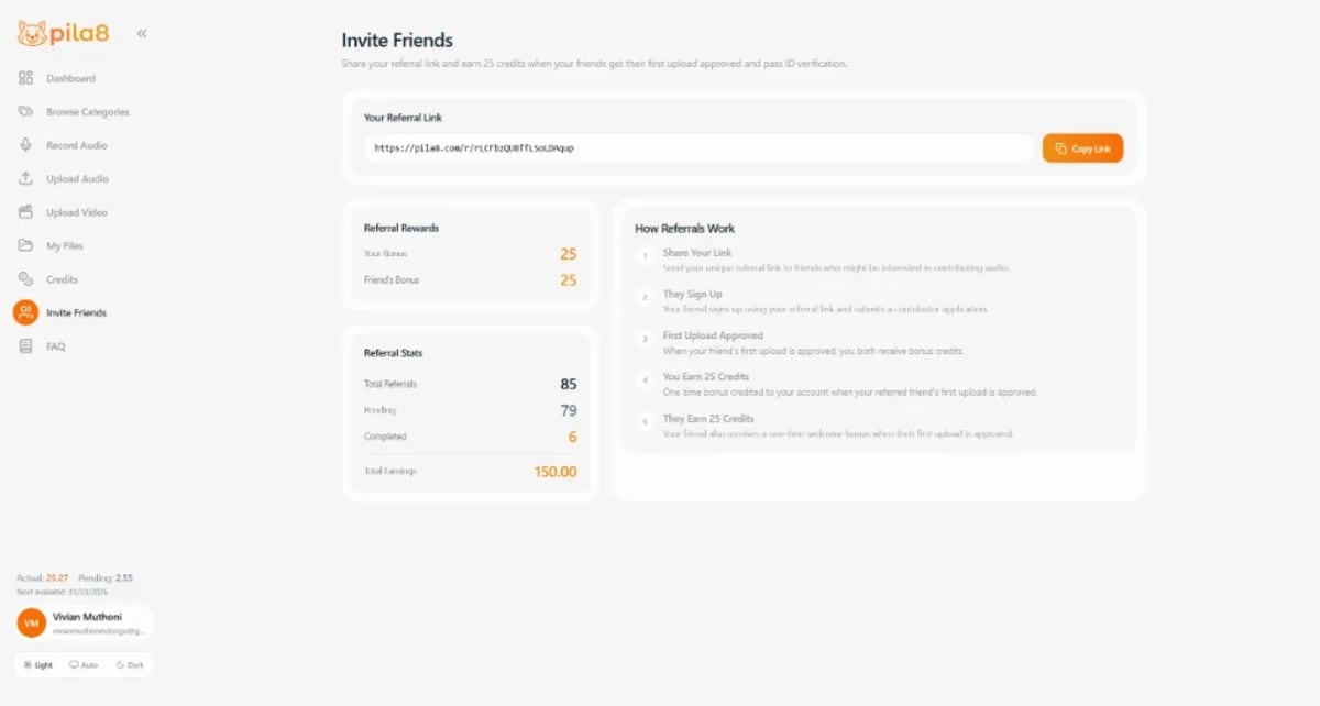Pila8 Invite Friends page showing referral stats and reward structure