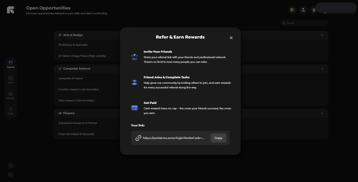 RemoExperts refer and earn modal showing uncapped cash rewards for successful expert referrals