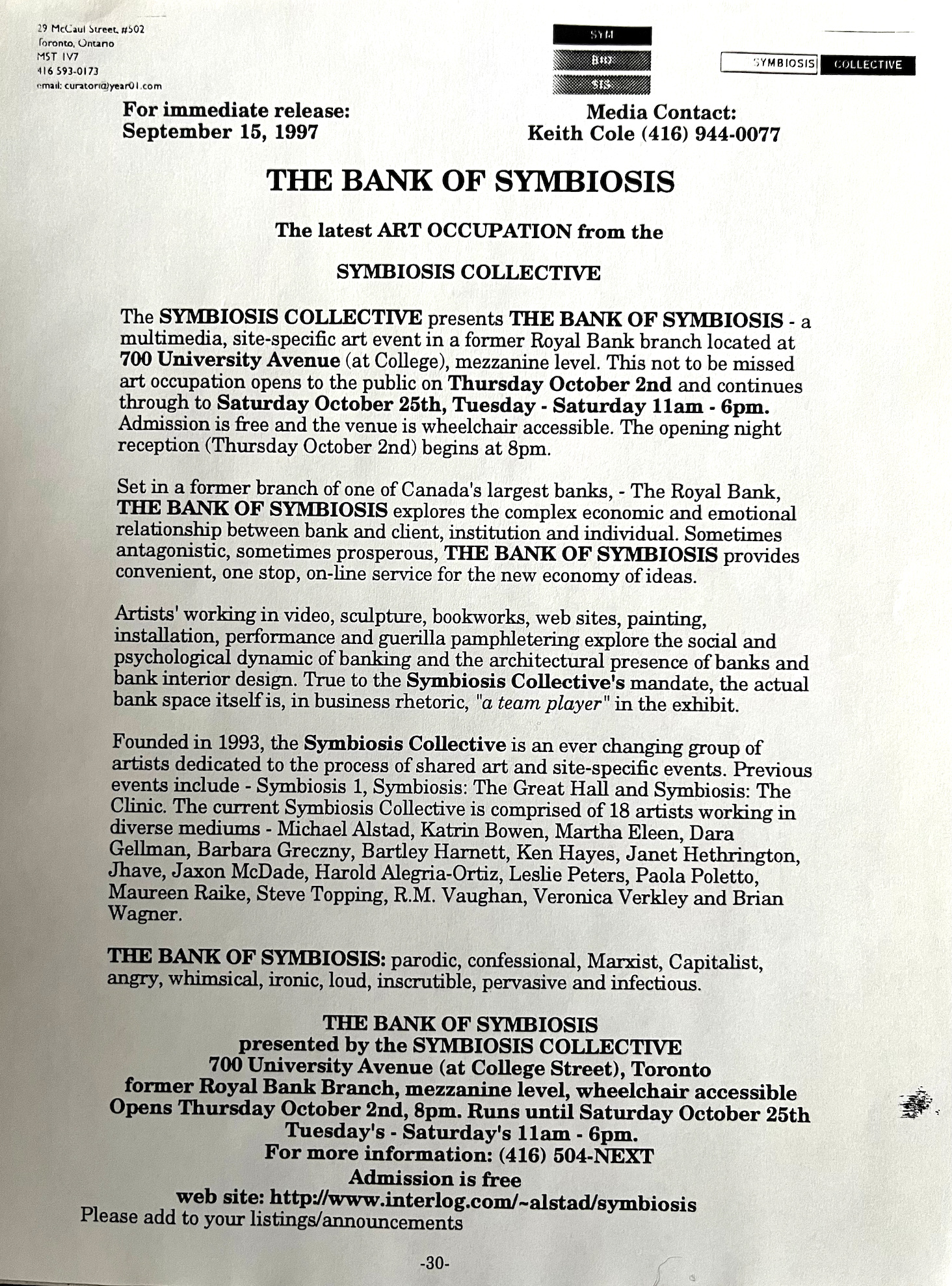 The Bank of Symbiosis: Press Release