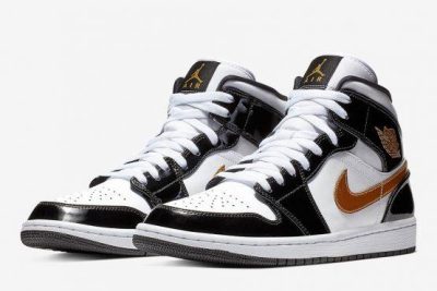 JORDAN 1 Mid Patent Black White Gold
