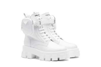 Prada Brushed Rois leather and nylon Monolith boots White