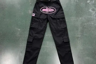 black with pink logo cargos